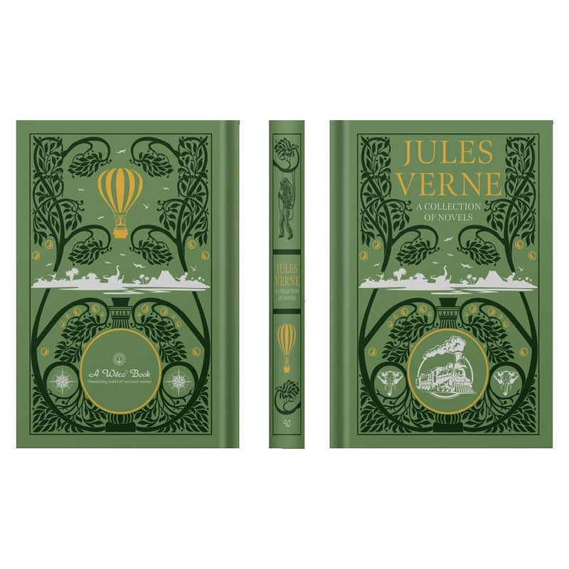Leather-bound Jules Verne collection including Five Weeks in a Balloon, Around the World, Journey to Earth's Center, and Twenty Thousand Leagues.