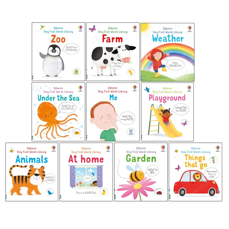 Usborne Very First Words Library Collection 10 Books Set by Matthew Oldham (Zoo, Farm, Weather, Under The Sea, Me, Playground, Animals, At Home, Garden and Things that go) - The Book Bundle