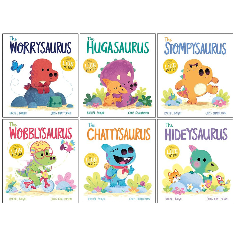 Six-book set of The Worrysaurus and The Hugasaurus by Rachel Bright, paperback collection for children ages 3-5, published by Orchard Books.