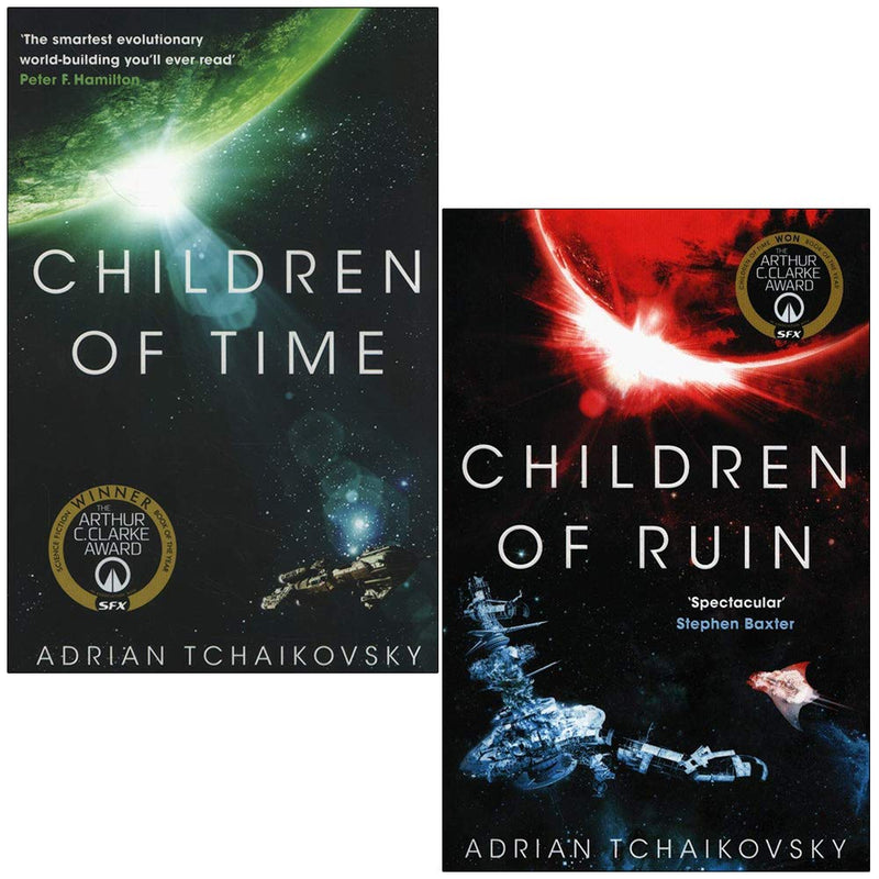 Children of Time Series 2 book set by Adrian Tchaikovsky, including Children of Time and Children of Ruin, shown in a panoramic view.