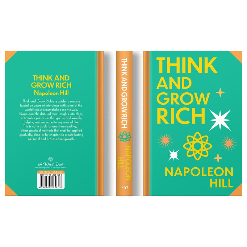 Book cover of "Think And Grow Rich" by Napoleon Hill, featuring sprayed edge design and Wilco International LLP branding.