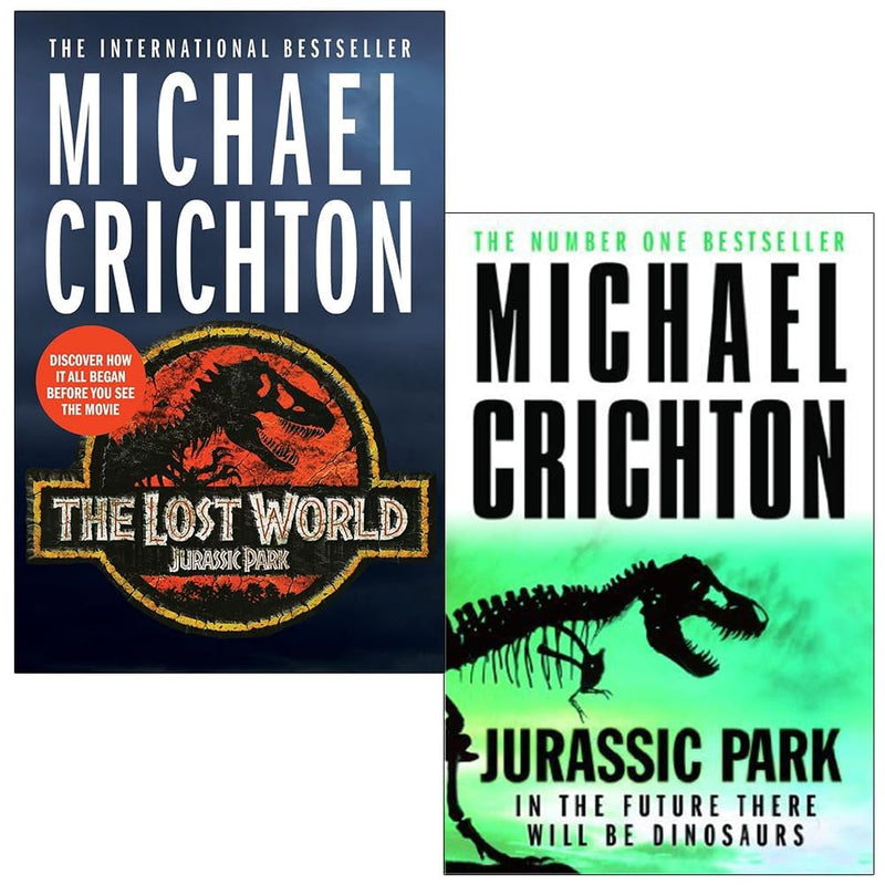 Paperback collection of Michael Crichton's The Lost World and Jurassic Park books, featuring iconic dinosaur adventure covers.