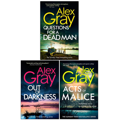 Sphere Ltd DSI William Lorimer series book set by Alex Gray featuring "Questions for a Dead Man," "Out of Darkness," and "Acts of Malice."