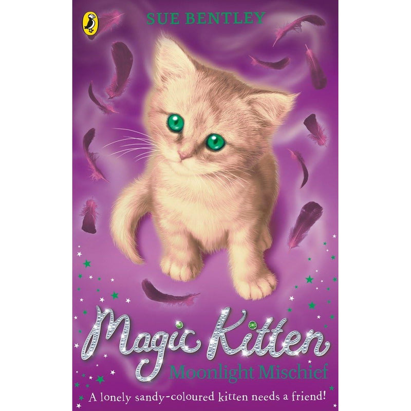 Puffin book cover for Magic Kitten: Moonlight Mischief by Sue Bentley, featuring a playful kitten under a moonlit sky.