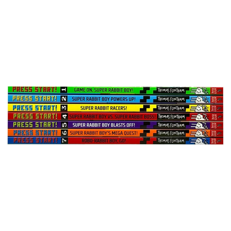 Press Start Series 1-7 books collection by Thomas Flintham, featuring colorful covers and playful illustrations.