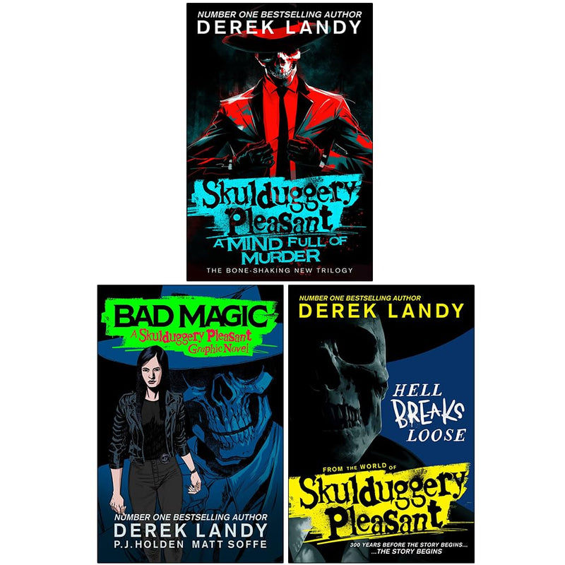 Skulduggery Pleasant Derek Landy Collection 3 Books Set (A Mind Full of Murder, Bad Magic & Hell Breaks Loose) - The Book Bundle