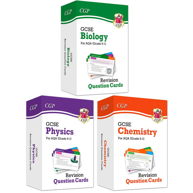 Set of three CGP GCSE 9-1 AQA Revision Question Cards books for Biology, Physics, and Chemistry by CGP Books.