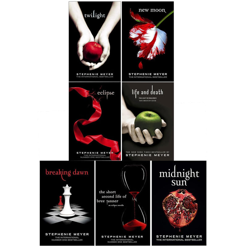 Stephenie Meyer Twilight Saga 7-book collection set including Life and Death, Midnight Sun, and other novels, displayed in a box.