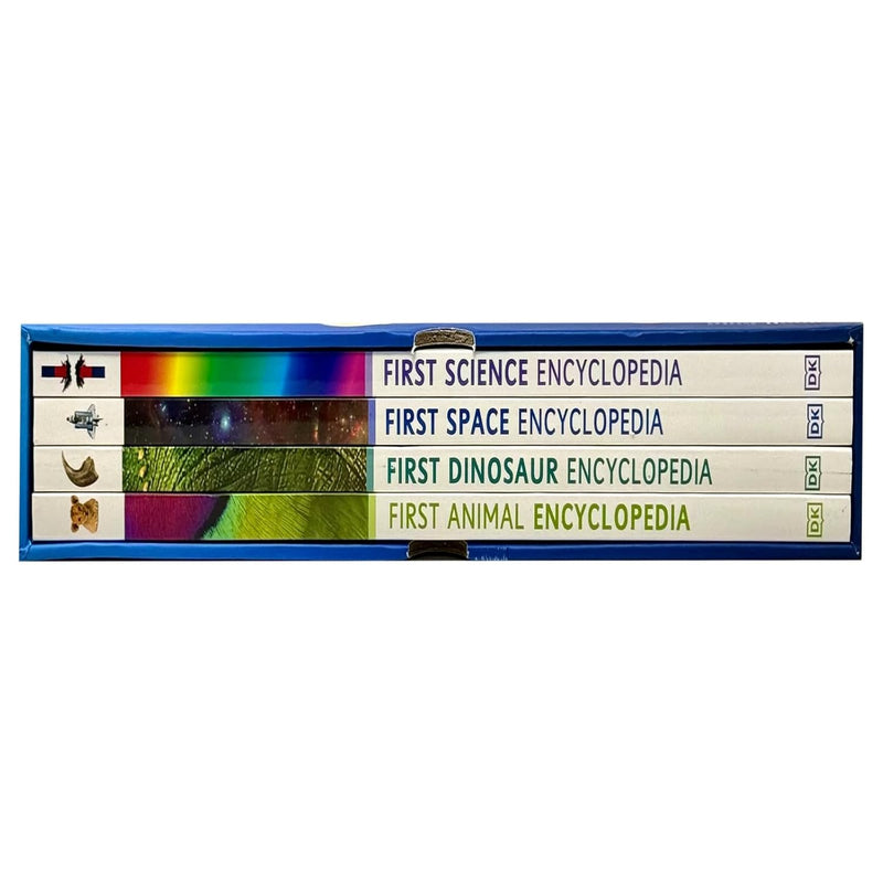 Set of four DK My First Encyclopedia books for ages 3-7, with colorful covers and child-friendly educational illustrations.
