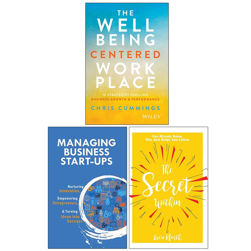 Set of three non-fiction books by Chris Cummings, V.K. Stevin, and Lucie North on workplace wellbeing and managing start-ups.