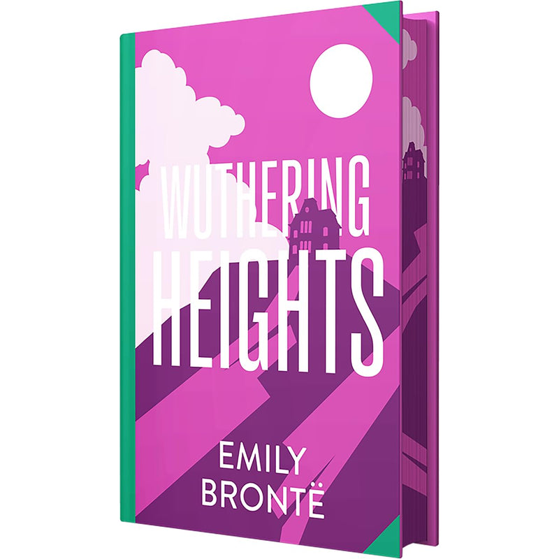 Close-up of the Wuthering Heights book cover by Emily Bronte, featuring sprayed edge design and classic typography.