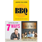 Jamie Oliver BBQ book set with three colorful covers, featuring grilling tools, food, and outdoor cooking scenes.