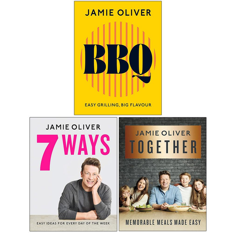 Jamie Oliver BBQ book set with three colorful covers, featuring grilling tools, food, and outdoor cooking scenes.