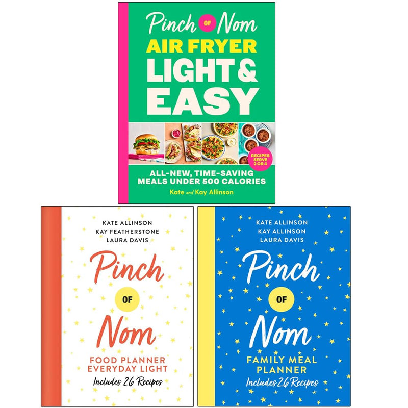 Bluebird Ltd Pinch Of Nom air fryer food planner books set by Kate and Kay Allinson and Laura Davis, featuring three hardback cookbooks.