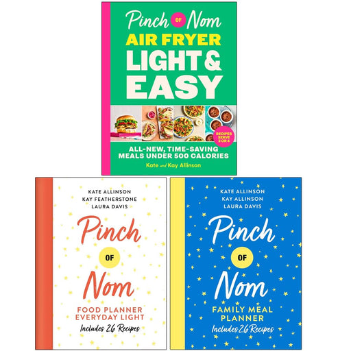 Bluebird Ltd Pinch Of Nom air fryer food planner books set by Kate and Kay Allinson and Laura Davis, featuring three hardback cookbooks.