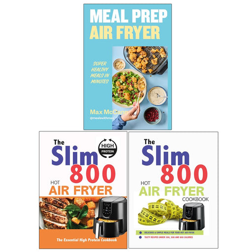 Max McCann and Iota's Slim 800 Hot Air Fryer with meal prep books, compact kitchen appliance for healthy cooking.