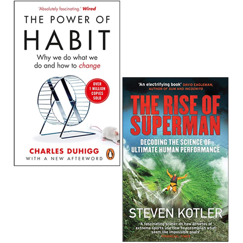 Two Random House books: "The Power of Habit" by Charles Duhigg and "The Rise of Superman" by Steven Kotler on a plain background.