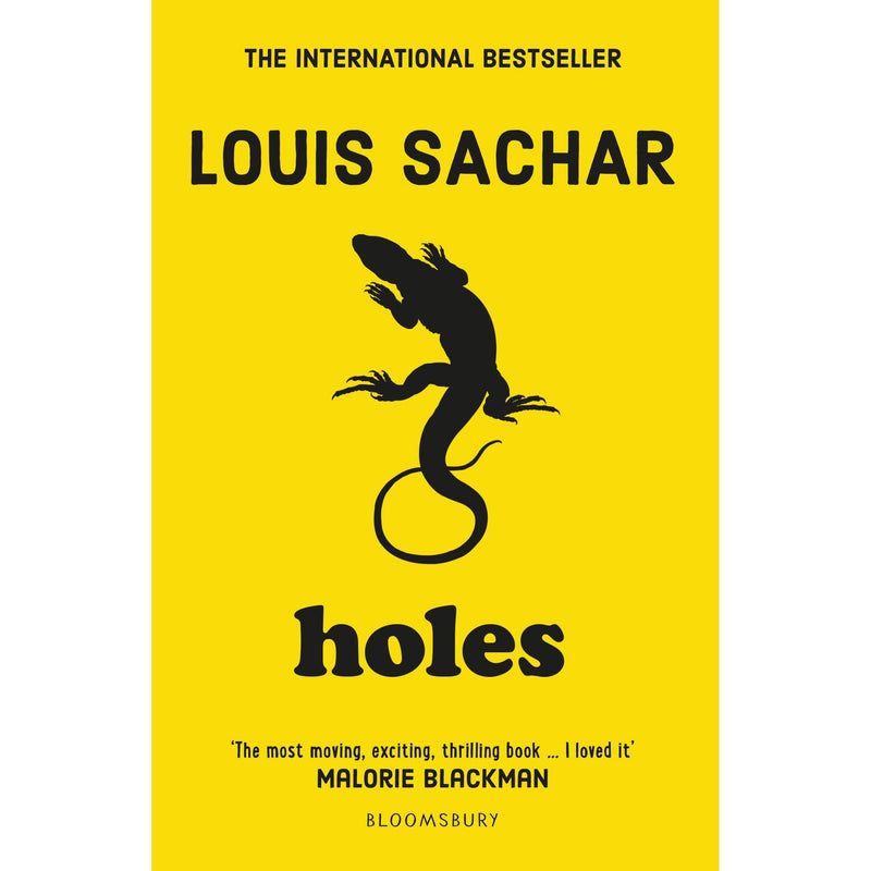 Open copy of "Holes" by Louis Sachar, a children's book with colorful cover art featuring a desert scene and a boy digging.
