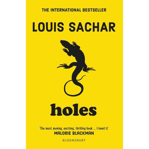 Open copy of "Holes" by Louis Sachar, a children's book with colorful cover art featuring a desert scene and a boy digging.
