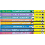 Collection of Moomintroll Series Books 1-8 by Tove Jansson, Puffin edition featuring Finn Family Moomintroll and Comet in Moominland.