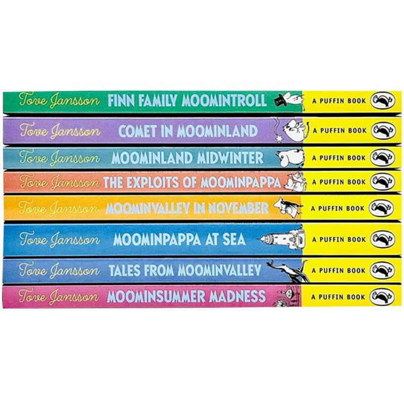 Collection of Moomintroll Series Books 1-8 by Tove Jansson, Puffin edition featuring Finn Family Moomintroll and Comet in Moominland.