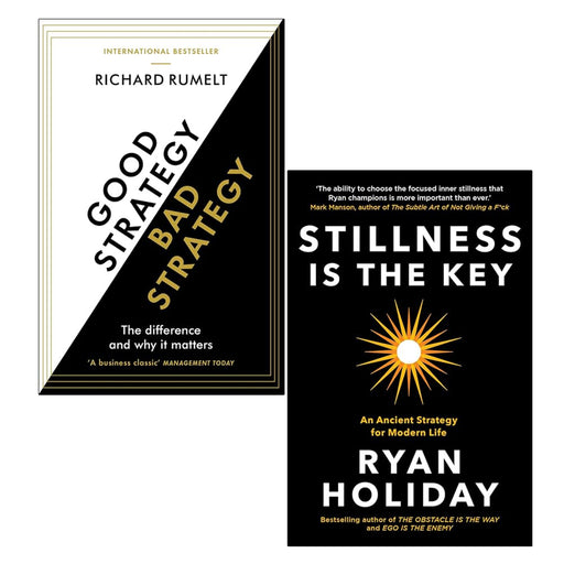 Two non-fiction books, "Good Strategy/Bad Strategy" by Richard Rumelt and "Stillness Is the Key" by Ryan Holiday, with book covers visible.