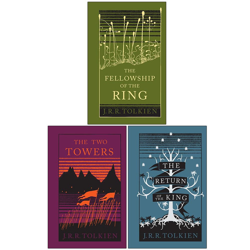 Three hardcover books from the Lord of the Rings collection by J.R.R. Tolkien, including The Fellowship, The Two Towers, and The Return of the King.