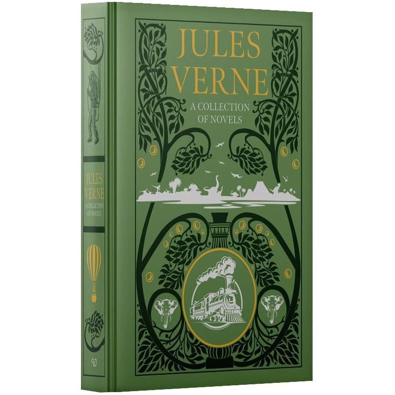 Leather-bound Jules Verne collection of novels including Five Weeks in a Balloon, Around the World, Journey to the Center, and Twenty Thousand Leagues