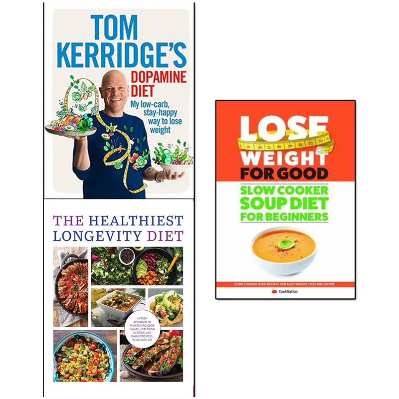 Set of three books on healthy longevity and slow cooker soups by Tom Kerridge, featuring nutritious recipes for beginners.