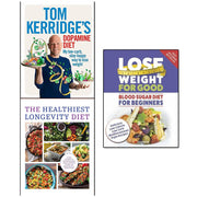 Set of three non-fiction books on blood sugar health, longevity, and diet by Tom Kerridge and Iota Publishing, displayed with covers.