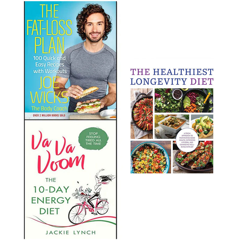 Three paperback books from the Va Va Voom Fat-Loss Plan collection by Joe Wicks and Jackie Lynch, featuring health and longevity tips.