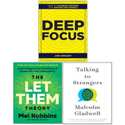 Collection of three books: Talking to Strangers, The Let Them Theory, and Deep Focus by Joe Spacey, Malcolm Gladwell, and Mel Robbins.