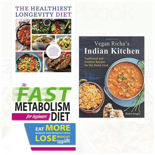 vegan richa's indian kitchen, The Healthiest Longevity Diet, The Fast Metabolism Diet For Beginners 3 Books Collection Set - The Book Bundle