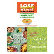 Set of three vegetarian Indian street food cookbooks by Annette Yates and Iota, featuring recipes for healthy eating and weight loss.