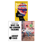Set of three paperback fiction books by Bernardine Evaristo, including "Girl," "Woman," and "Other" in a Penguin edition.