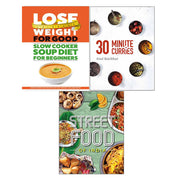 Stack of three street food cookbooks by Atul Kochhar, Iota, and Roli, featuring colorful cover designs and diverse recipes.