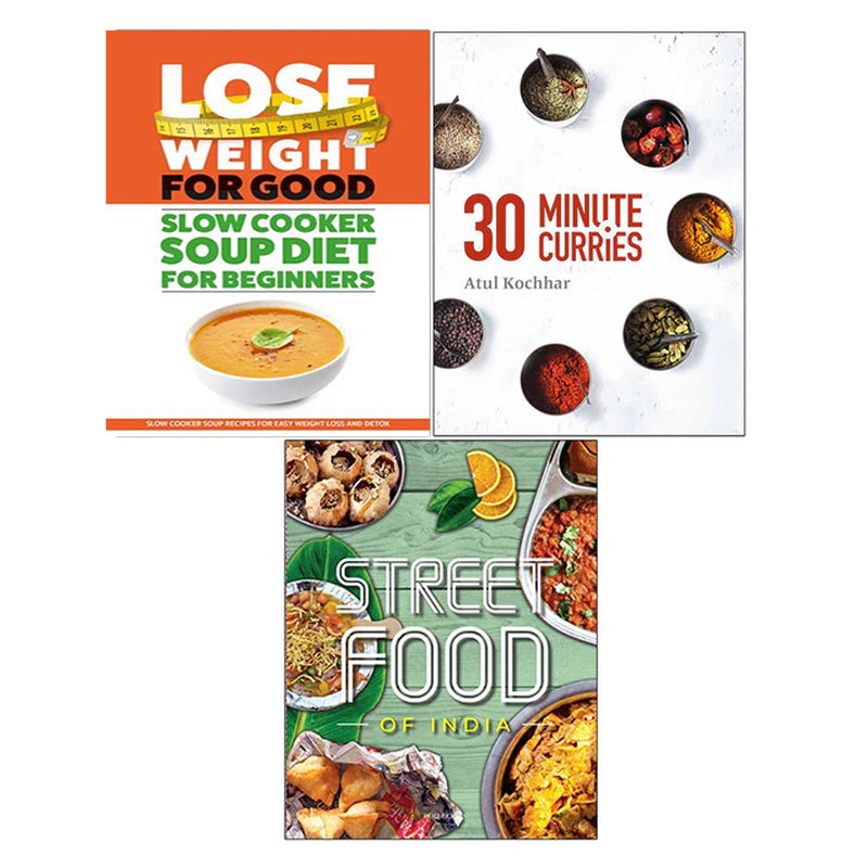 Stack of three street food cookbooks by Atul Kochhar, Iota, and Roli, featuring colorful cover designs and diverse recipes.