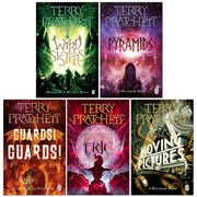 Set of five Discworld paperback books by Terry Pratchett in a Corgi edition, featuring colorful cover art and classic fantasy scenes.
