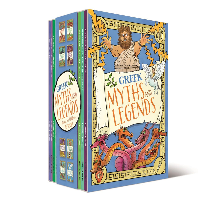 Set of 16 paperback Greek myths and legends for children by Arcturus, featuring colorful book covers and engaging illustrations.