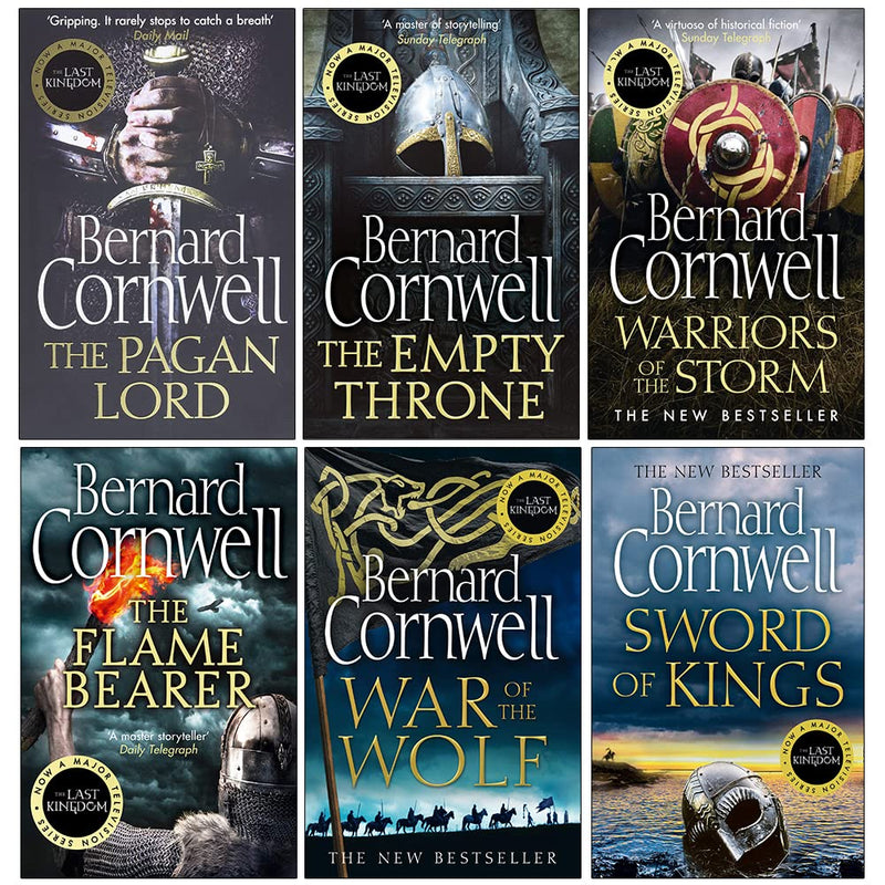 Six paperback books from The Saxon Tales collection by Bernard Cornwell, featuring historical fiction with medieval and Viking themes.