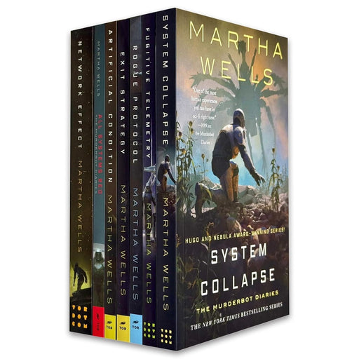 Seven paperback books from Martha Wells' The Murderbot Diaries collection, featuring sci-fi fiction by Tor Books.