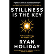 Two paperback books from the Stillness collection by Ryan Holiday, featuring titles "Stillness Is The Key" and "Stillness. Strength. Sanity."