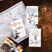 Set of three Poppy War series books by R.F. Kuang, published by HarperVoyager, featuring vibrant cover art and titles.