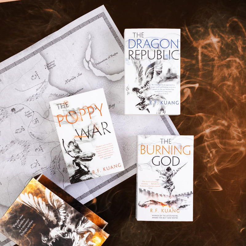 Set of three Poppy War series books by R.F. Kuang, published by HarperVoyager, featuring vibrant cover art and titles.