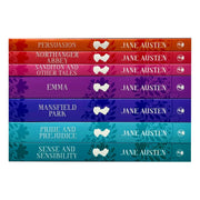 Seven Jane Austen classic books in a box set, featuring mixed formats, published by Ghillie Basan & CookNation, with elegant cover designs.