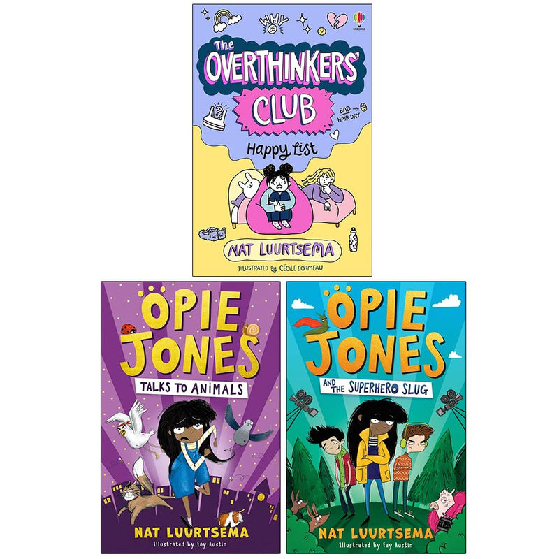 Set of three Nat Luurtsema fiction paperback books from the Overthinkers' Club series, featuring colorful cover illustrations.
