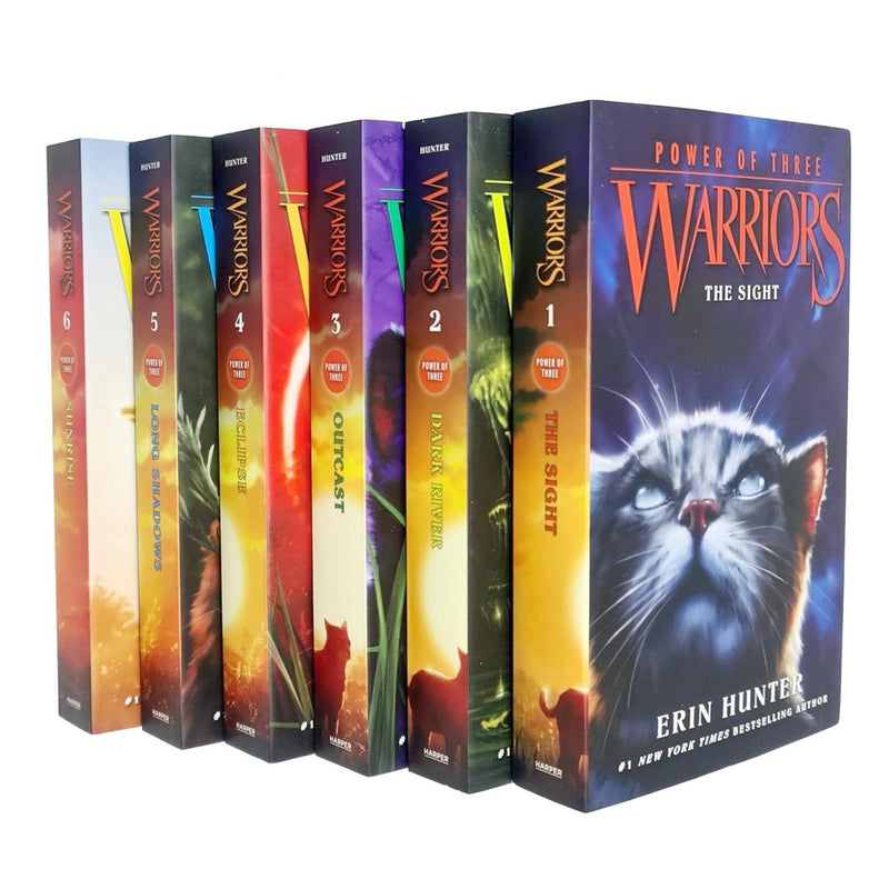 Set of six Warriors Cat Power of Three Book Series 3 collection by Erin Hunter, featuring book spines in a colorful display