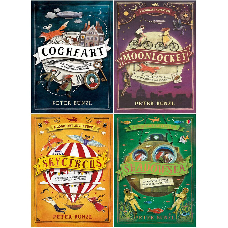 Set of four Cogheart Adventures paperback books by Peter Bunzl, featuring steampunk-inspired fiction from Usborne Publishing.
