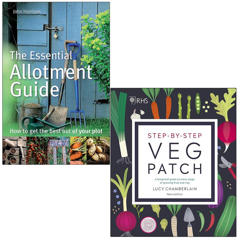 Two gardening books: The Essential Allotment Guide by John Harrison and RHS Step-by-Step Veg Patch by Lucy Chamberlain, hardcover set.