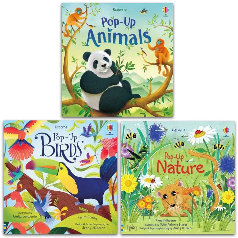 Set of three Usborne Pop-Up Nature, Animals, and Birds books by Fiona Watt, featuring colorful, interactive nature scenes and illustrations.